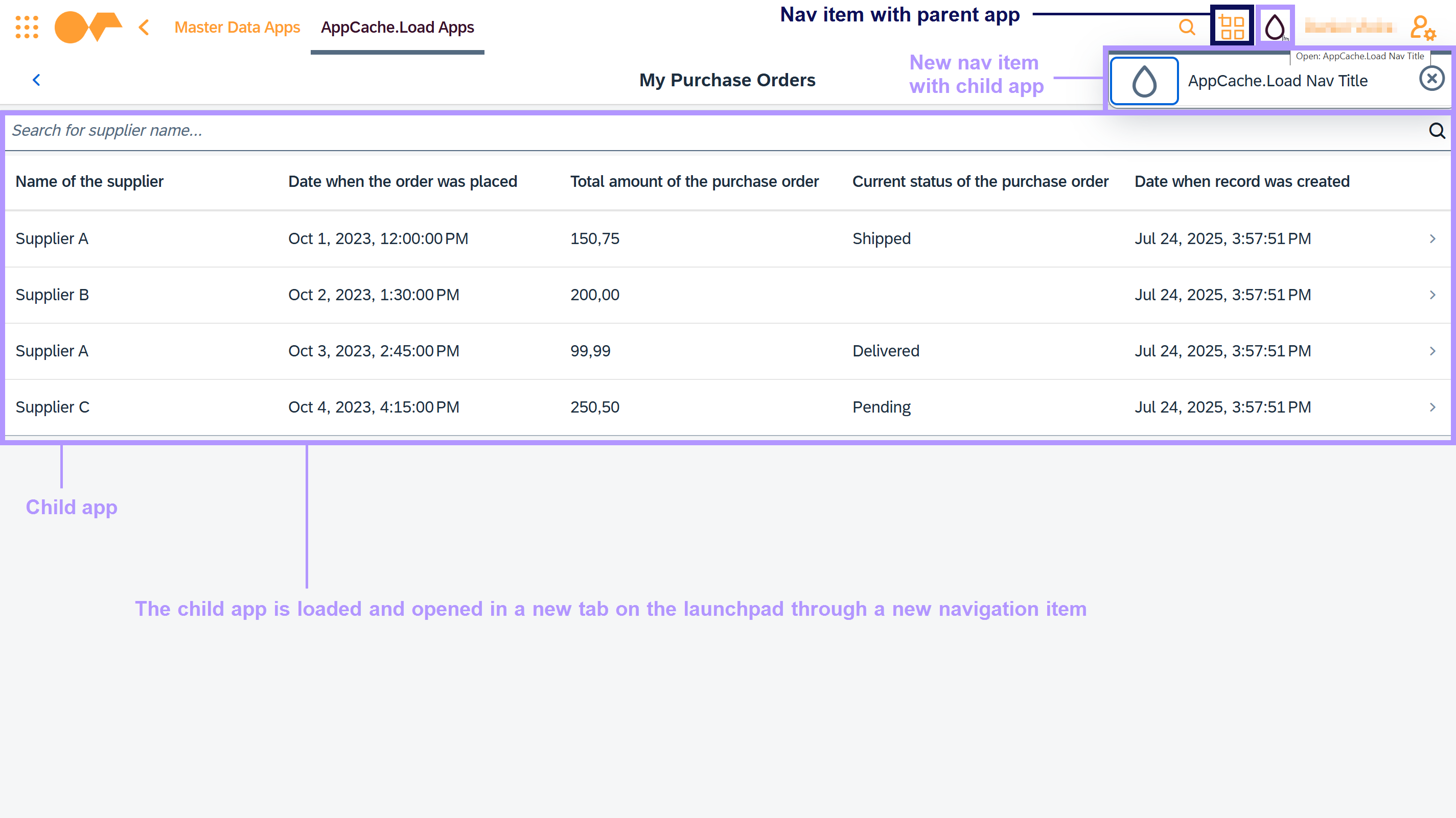 With navigation item scenario: The child app is loaded and opened in a new tab on the launchpad through a new nav item