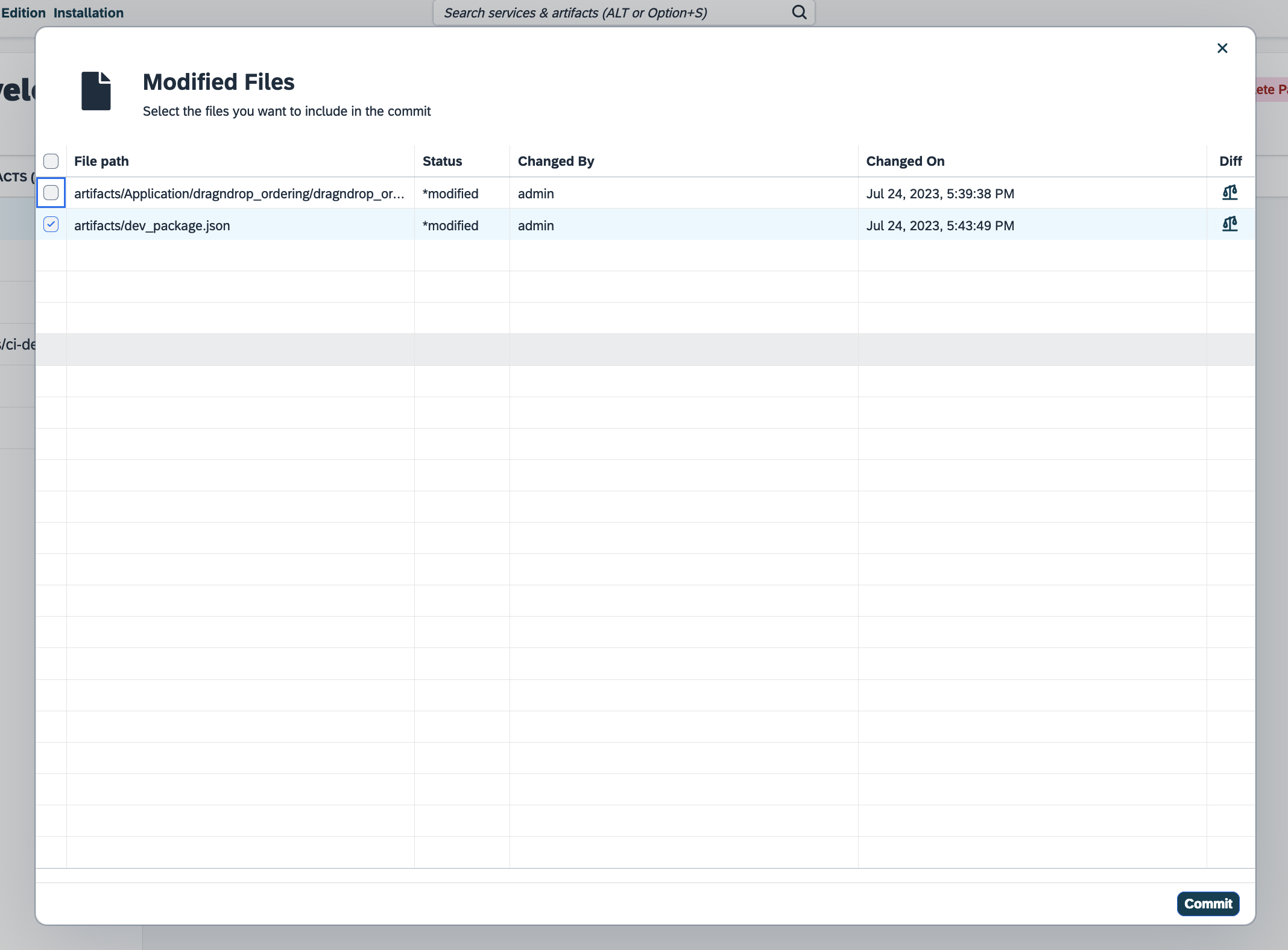 development package modify window