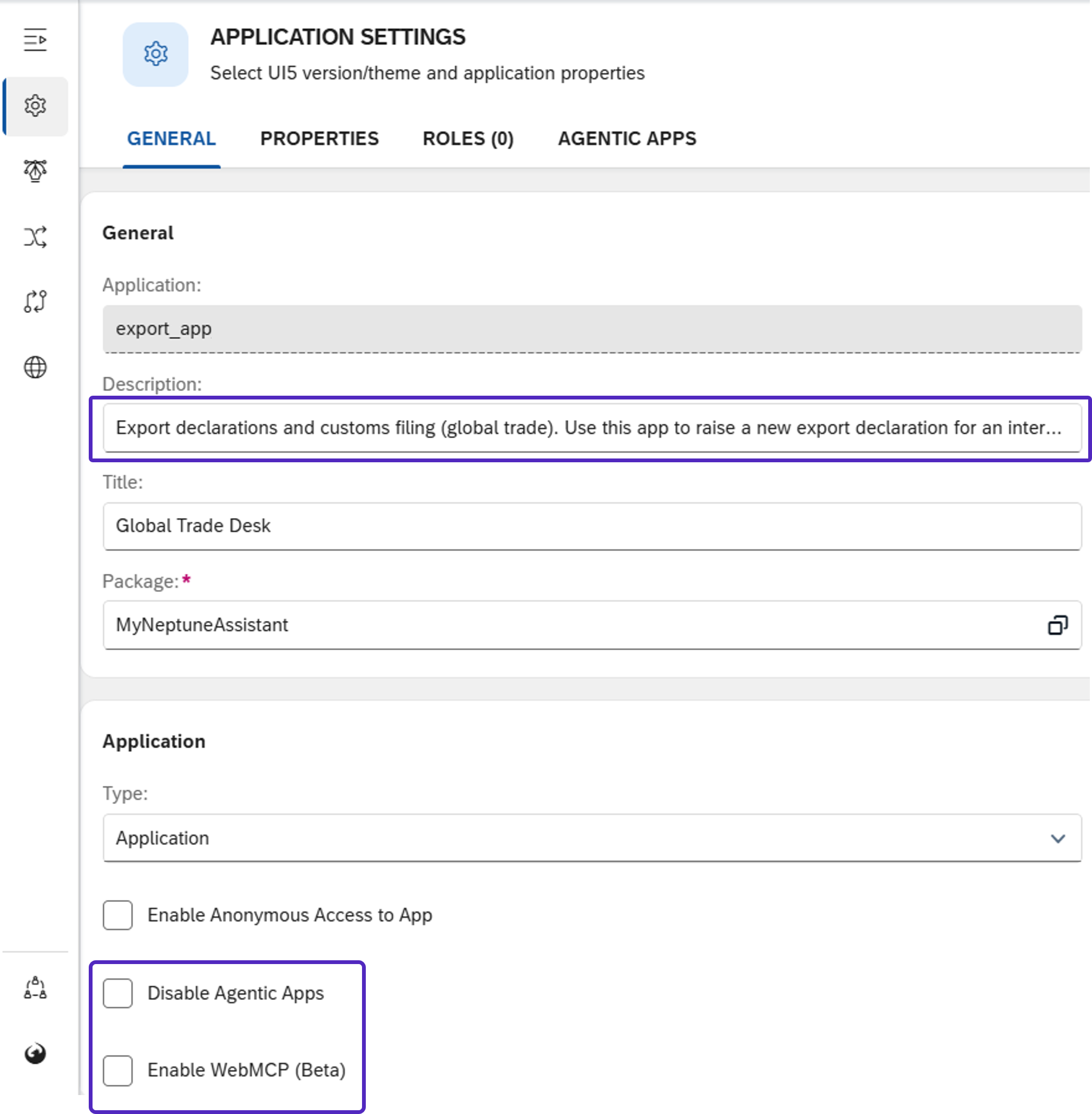 agentic app application settings description