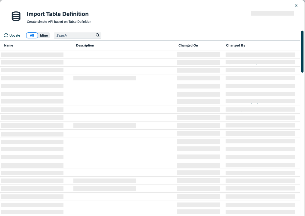 api designer table definition select