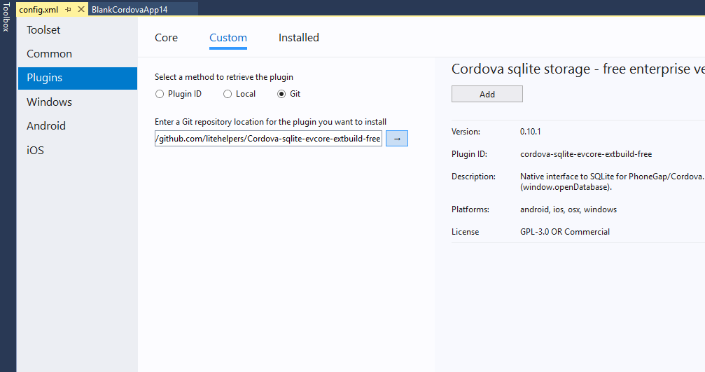 win10client visualstudio config pluginfromgithub