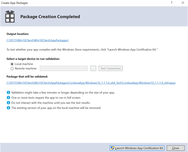 win10client visualstudio packagecreationcompleted