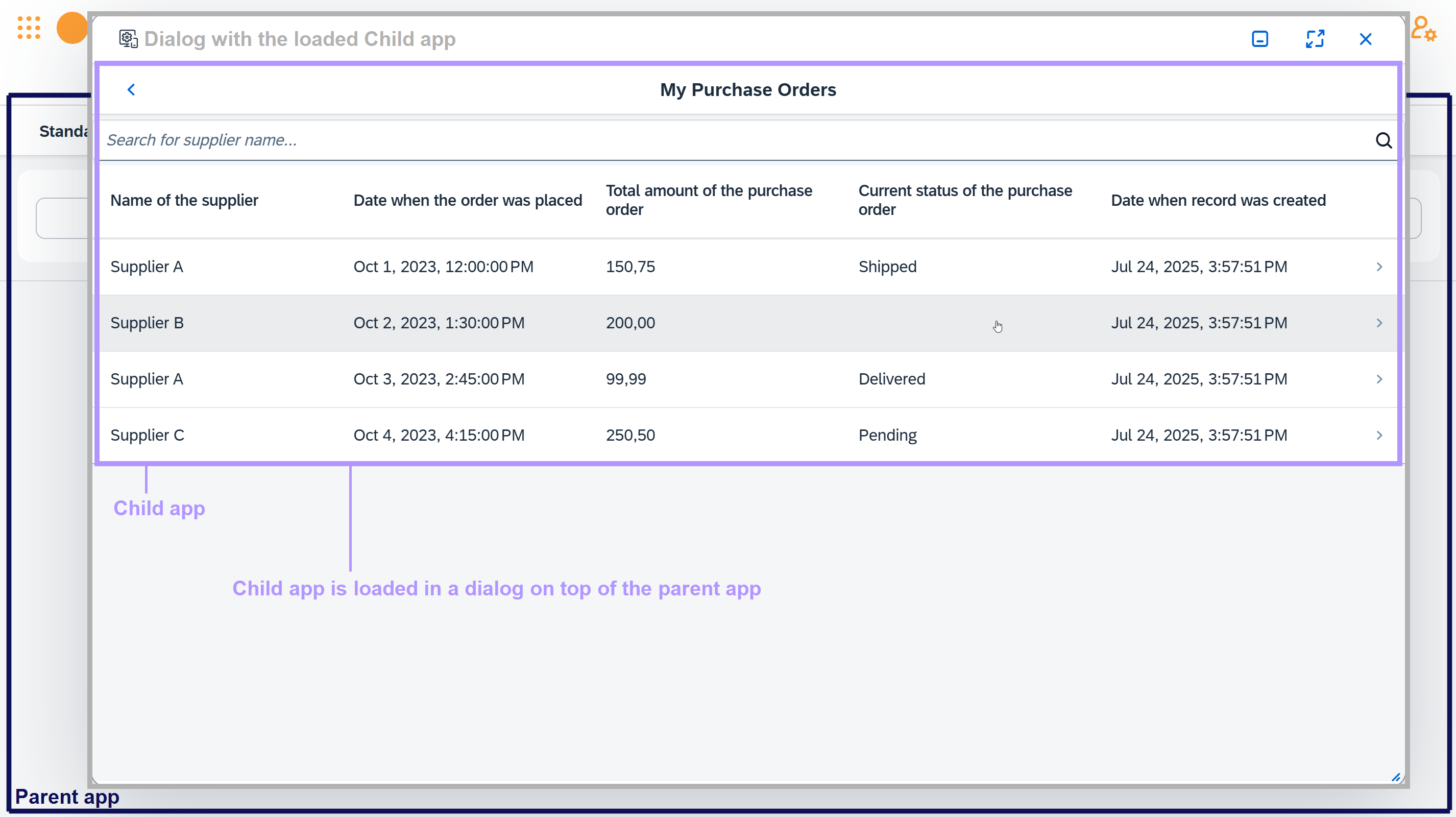 In dialog scenario: Child app is loaded in a dialog on top of the parent app