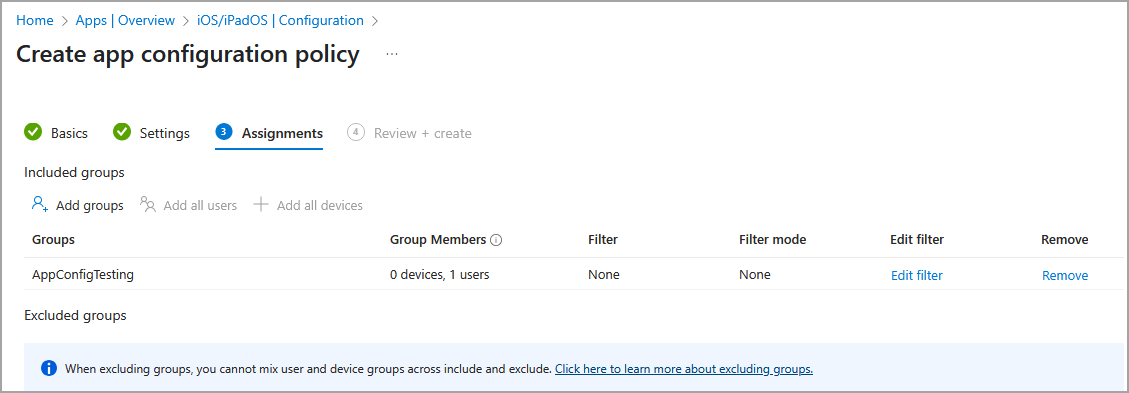 mobile client device mdm intune app config assignments