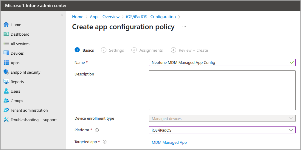 mobile client device mdm intune create app config policy