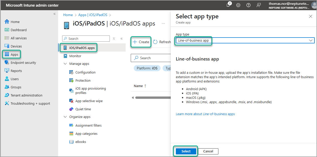 mobile client device mdm intune create lob app