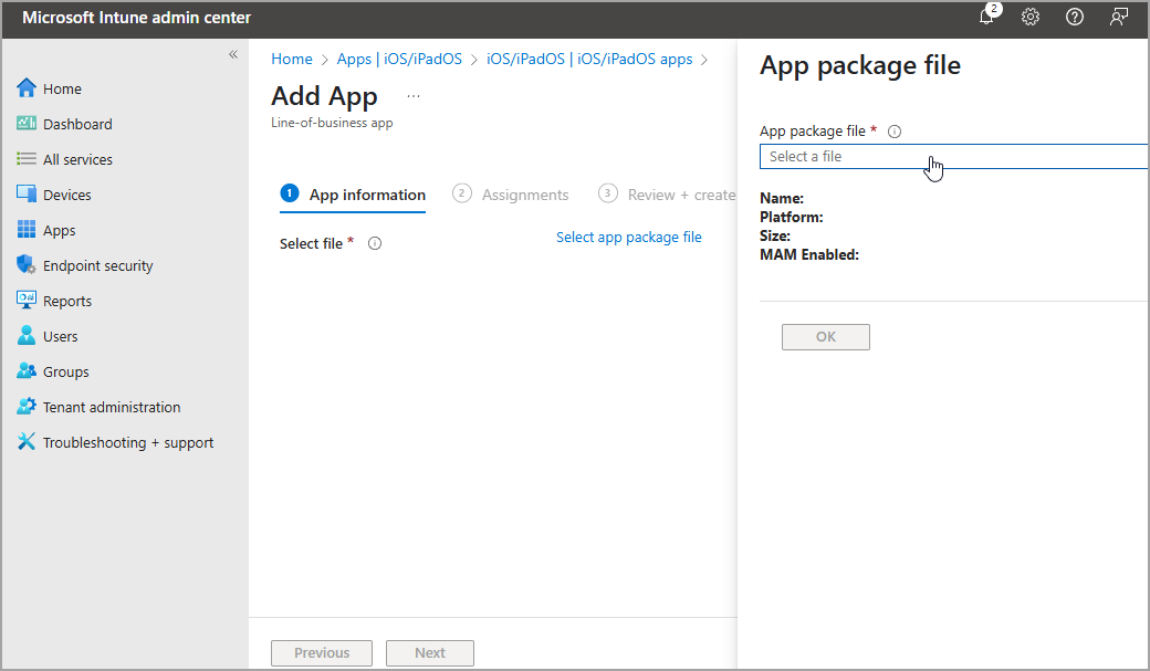 mobile client device mdm intune upload ipa