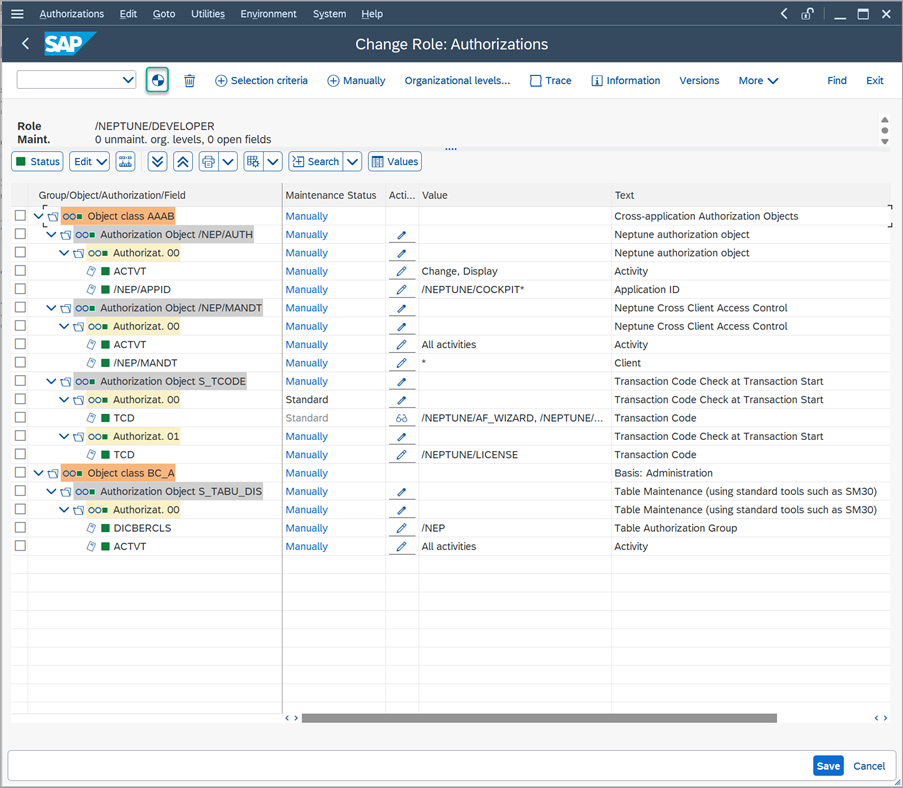 pfcg change role authorizations generate