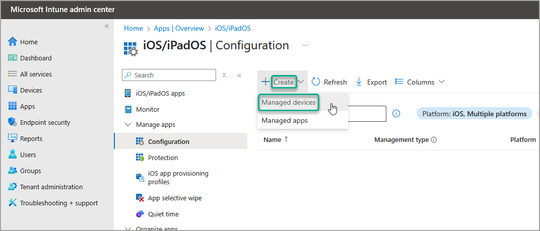 mobile client device mdm intune app config