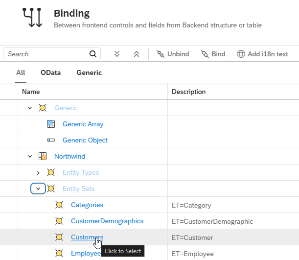 odata source app designer binding dialog