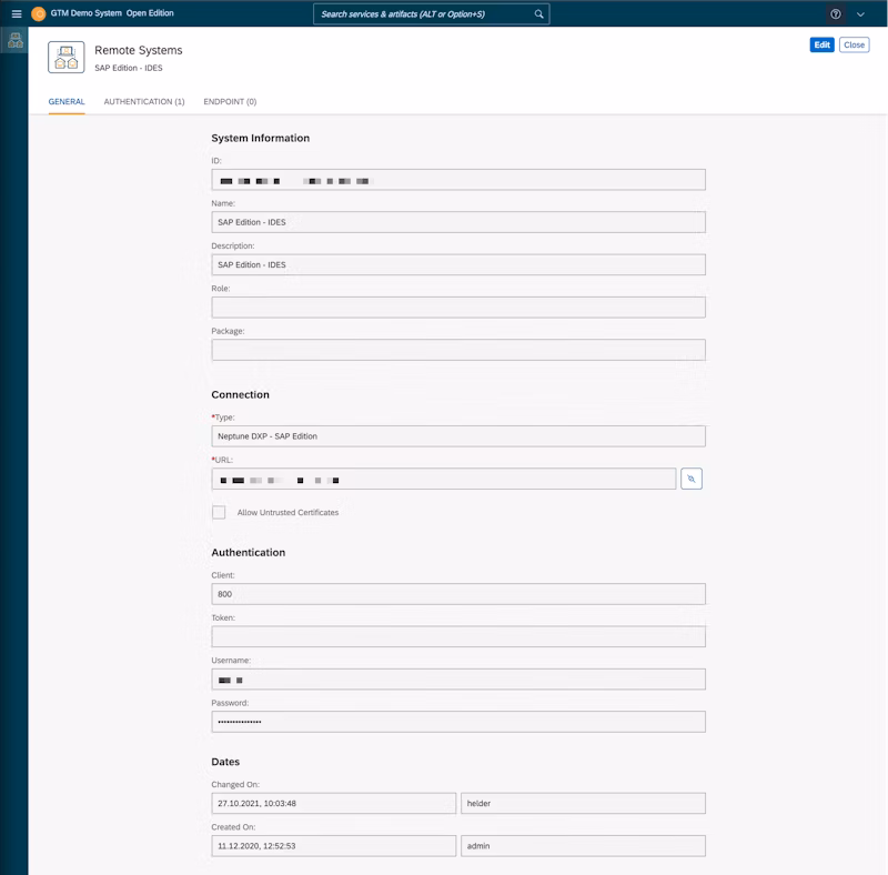 sap oe remote system connection